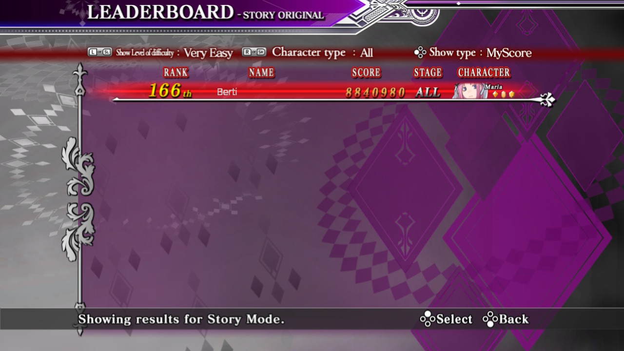 Screenshot: Caladrius Blaze online leaderboards of Story Original mode on Very Easy difficulty with character Maria showing Berti at 166th place with a score of 8 840 980